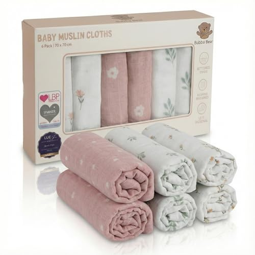Bubba Bear Muslin Cloths for Baby, 6 Pack of Bamboo & Organic Cotton Muslins Squares 70x70cm, Large Burp Cloth for Babies, Cute Newborn Essentials for Baby Boy & Girl (Floral)