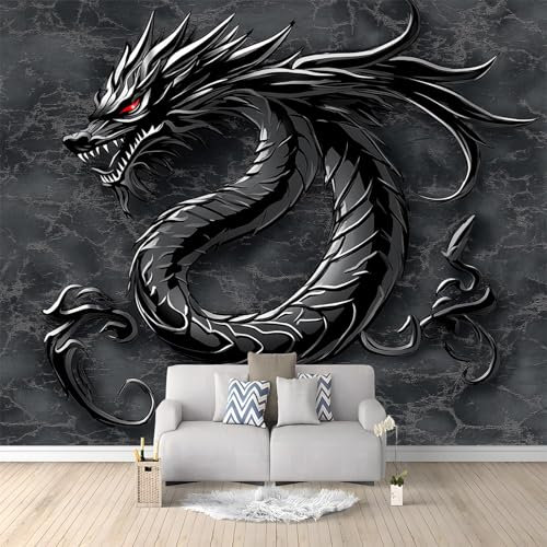 Generico Carta da Parati Moderna Drago Di Metallo Nero 300x210 cm Poster Gigante Carta da Parati, Tessuto Non Tessuto Fotomurale Carta da Parati, per Camera Letto, Soggiorno, Corridoio