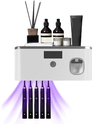 Désinfectant UV pour Brosse à Dents, Distributeur de Dentifrice Automatique, Support de Brosse à Dents Mural, Recharge Solaire ou USB, Support de Brosse à Dents avec 5 Fentes pour Brosse, Noir Gris
