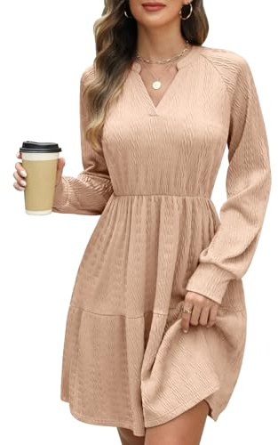CMTOP Vestito Donna Elegante Maniche Lunghe Vestiti Scollo a V Vita Alta Maglia Abito Moda Casual Midi A Line Vestitino con Tasche per Autunno Primavera