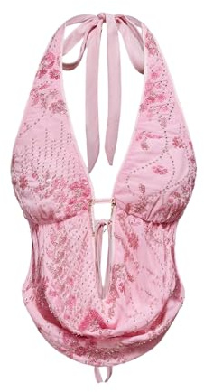 Verdusa Women's Cheetah Print Sequin Top Y2K Tie Back Corset Halter Going Out Crop Tops Light Pink Medium