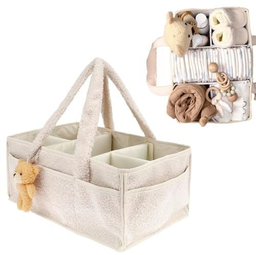 XUXLEKK Organizador Pañales, Portátil Cesta Organizadora Bebe, con Asa y Compartimento Extraíble, Organizador Universal de Pañales para Bebé, Cesta Cambiador Bebe para el Hogar y Viajes