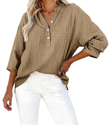 Mlykosd linneblus dam stor storlek, damblusar stora storlekar, kaki, 3XL