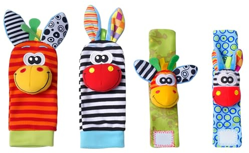 4 Pcs Hochet Bébé et Chaussettes, Jouet Éveil Bébé 0-6 Mois, Bracelets Hochets Poignet et Pied pour Développement Sensoriel, Cadeau Naissance Fille Garçon