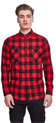URBAN CLASSICS Camicia in Flanella a Maniche Lunghe da Uomo, Camicia Casual Lunga con Bottoni per Uomo, Vestibilità Regolare, Cotone Flanella, Colore: Nero/Rosso, Taglia: 5XL