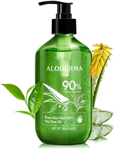 Aloderma Aloe Vera Gel + Tea Tree Oil, Made within 12 Hours of Harvest with 90% Organic Aloe Vera, Multipurpose Use for After Sun, Hair, Scalp, and Face or Shaving Gel & Aftershave - 10.6Oz