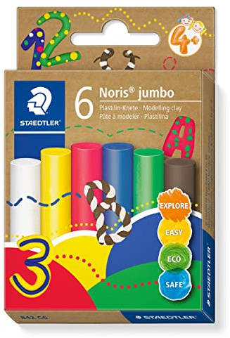 STAEDTLER Plastilin Knete Noris jumbo, geschmeidig und formstabil, ideal für Schule und Kindergarten, 6 Knetstangen à 16g in sortierten Farben im Kartonetui, 842 C6