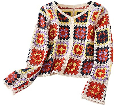 Femmes Y2k Pull au Crochet Fleurs évidées Crop Top Crochet Vintage Coloré Cardigan d'été Boho Gilet tricoté Creux Plage Maillot de Bain Manches Longues Décolleté en V Cardigan avec Patte de Bouton