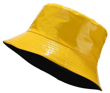 yolrdiw Unisex Fashion PU Leather Bucket Hat Glossy Reversible Rain Waterproof Fishmen Cap Yellow