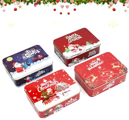 TSLBW 4 Piezas Latas de Metal para Galletas de Navidad Cajas de Latas Vacías Cuadrado de Alces de Papá Noel con Tapas para Velas de Bricolaje Dulces té Especias Regalos de Fiesta de Navidad