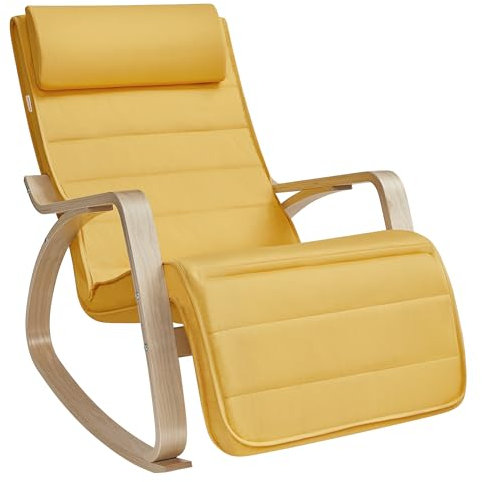 SONGMICS Sedia a Dondolo, Poltrona a Dondolo con Braccioli in Betulla, Poggiapiedi Regolabile a 5 Altezze, Portata 150 kg, per Soggiorno Camera da Letto, Giallo Ocra e Naturale LYY010Y01