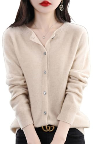 TeysHa Maglione Cardigan in Cashmere da Donna, Maglione Cardigan a Maniche Lunghe Abbottonato Girocollo in Lana (X-Large,Beige)