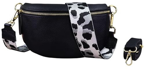 Blade Gold Bauchtasche Damen Echtleder, stylische Gürteltasche Damen mit 2 gemusterten und Leder abnehmbaren & verstellbaren Breiten Gürteln, Crossbody Bag Damen (Schwarz Gold-8, Mittel)