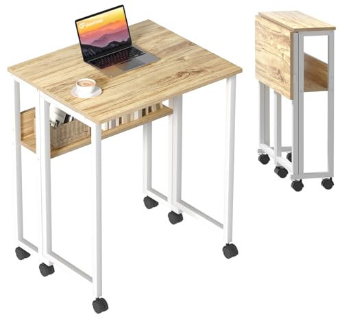 GreenForest Kleiner Schreibtisch Klappbar, 63 cm Klappschreibtisch mit Rollen, Einfache Montage Klappbarer Schreibtisch mit Stauraum, Home Office Klapptisch, Beige