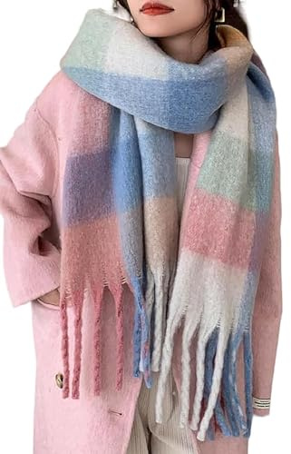 OgLuxe Blanket Scarf Wool Winter Women Ladies Tartan Fluffy Checked Thick Tassel Warm Scarves, Plaid Cosy Large Long Soft Shawl & Wrap Present Gifts For Her Pastels