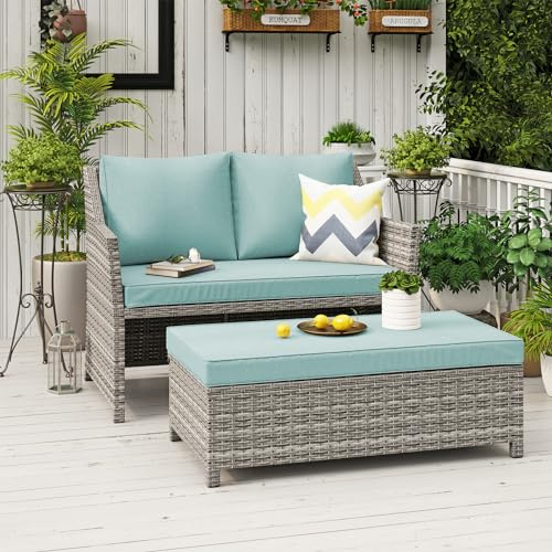 OC Orange-Casual 2-Piece Outdoor Patio Furniture Wicker Love-seat and Coffee Table Set, with Built-in Storage Bin, Grey Rattan, Green Cushions