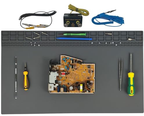 Grand Tapis de Soudure 60 x 35cm avec Bracelet, Résistant à 932°F (500°C), Matériel de Réparation en Silicone avec Accessoires de Mise à la Terre pour Électronique, Téléphone, Ordinateur (Gris)