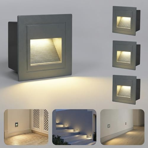 Arotelicht Juego de 4 luces LED de 3W para escaleras, aplique cuadrado, foco empotrable para interior 230V, lámpara de pared de aluminio blanco cálido 3000K IP44, gris