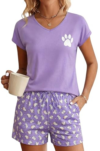 Jahetuul Pijama Corto Mujer Verano de Algodón 2 Piezas con Bolsillos