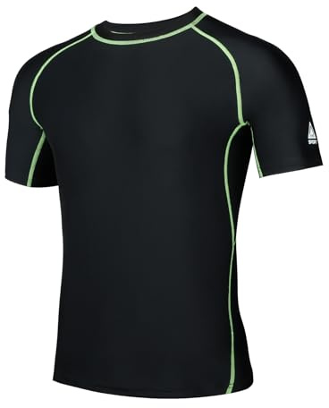 AMZSPORT Chemise Rash Guard pour Hommes, Protection UV UPF 50+, T-Shirt à Manches Courtes, Gilet de Protection Solaire à Séchage Rapide pour Natation, Surf, Pêche, Course, Vert Noir, L