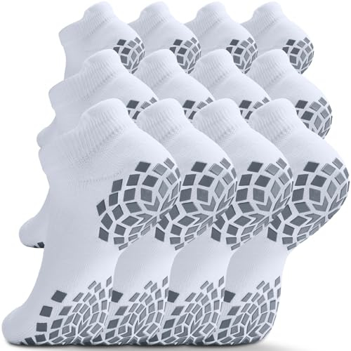 SITOISBE Pilates Grip Socks - Cushioned Slipper Non-Slip Grippy for Women Men Yoga - Barre Workout Hospital Sticky Socks, Large, White, 6 Pairs