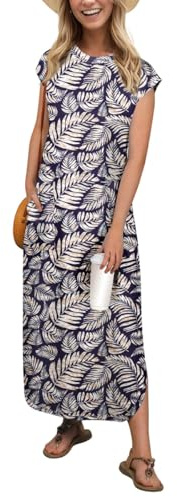 PrinStory Robe maxi pour femme sans manches, robe d'été avec poches, col rond, robe de plage, L