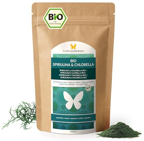 500g de polvo BIO de espirulina y chlorella, 100% natural, controlado de residuos, cultivado y producido según el estándar ecológico de la UE, calidad crudivegana, sin aditivos