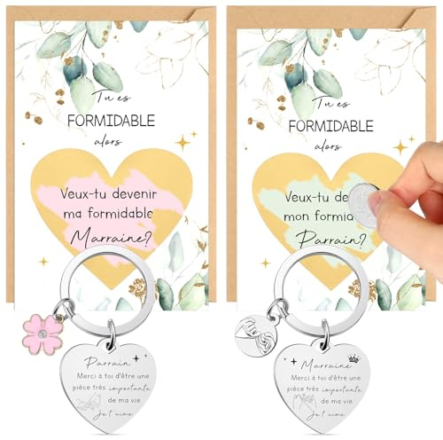 Jadive Set de Cadeau pour Marraine Parrain 2 Porte-Clé Marraine Parrain 2 Carte à Gratter Demande marraine 2 Autocollant à Gratter 2 Enveloppe Annonce Baptême Cadeau Noël Naissance(Eucalyptus)