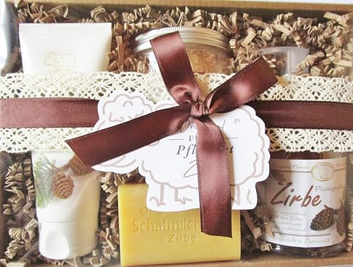 großes Geschenkset Pflegeset Männer Zirbe mit 100g Schafmilchseife, 250 ml Flüssigseife, 300g Badesalz und einer 75 ml Handcreme in der Geschenkbox - aus Schafmilch (frei von Parabenen und Silikonen)