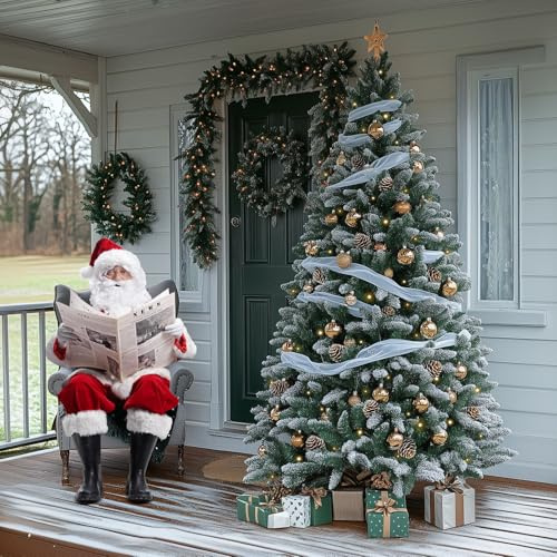 180 cm Sapin de Noël Artificiel PVC，Sapin de Noël avec Lumières LED、Pomme de Pin,Enneigé，Arbre de Noël Artificiel avec Support Métallique，Facile à Monter,Difficilement Inflammable,Décoration de Noël