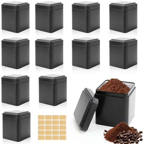 TFLPUO Lata de té rectangular clásica, 12 unidades de latas de té de metal, recipientes herméticos con 20 etiquetas para bolsas de té sueltas, almacenamiento de granos de café, 7 x 7 x 8,5 cm