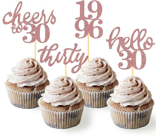 24 Stück Glitzer 30. Geburtstag Cupcake Topper Geburtstagsdeko von 1996 für 30 Geburtstagsfeier Zubehör Party Dekoration Kuchendekoration (Neu Rose Gold)