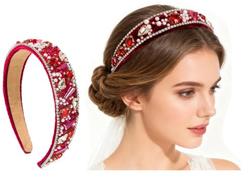 Waltonalice Cerchietto per capelli da donna con strass, elegante, con brillantini, largo, per sposa, fascia elastica antiscivolo, per matrimoni, feste, abbigliamento quotidiano, rosso