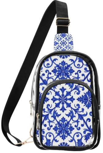 linqin Crossbody bröstväska för evenemang med dold stöldsäker rygg | 18 × 10 × 10,2 tum storlek, uppfyller platsens säkerhetsregler, släta metalldragkedjor, blå vit Gzhel-stil