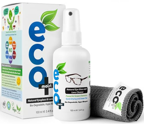 Ecomoist Natural Lens Cleaner 100ml – Alcohol-Free Spray with Microfibre Cloth – Streak-Free, Anti-Static Cleaning for Glasses, Camera Lenses, Binoculars, and Screens