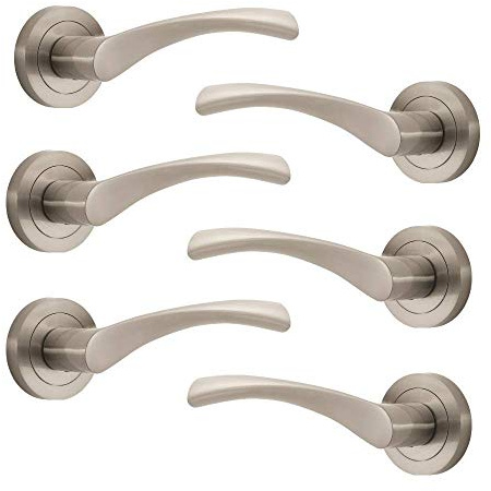 Designer Levers Marvel Lever on Rose Door Handle, Brushed Nickel, 3 Pairs | For interior doors; fixings included; contemporary design- brushed nickel.