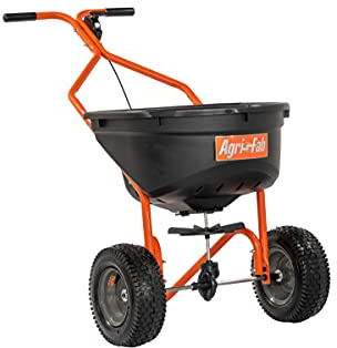 Agri-Fab 45-0576, 110lb Capacity Push Lawn Broadcast Spreader, Approximately Coverage of 1/3rd Acre (17,500 sq, 10-Ft Spread Width, Enclosed Gear Box, 12 x 4-Inch Pneumatic Tires, Black/Orange