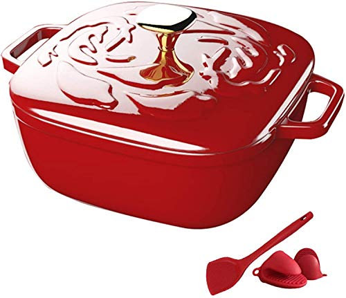 Casserole Dishes with Lids Enameled Cast Iron Casserole Square Braiser, Cast Iron Cookware with Stainless-Steel Knob (Red)