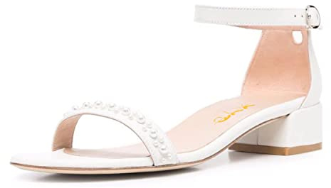 XYD Women Pearls Open Toe Strappy Low Block Heel Sandal Flats Ankle Strap with Buckle Wedding Bridal Dress Shoes (Size 12, White)