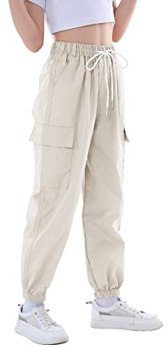 Rolanko Pantalon Cargo Enfant Fille Pantalon de Jogging pour Filles Hip Hop Street Dancewear Costume 4-15 Ans(Beige,10-11 ans/150)