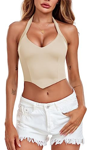 EVELIFE Mujeres Camiseta sin mangas Sexy V Profundo Cuello halter Top Corto sin mangas Chaleco Top sin tirantes Camisola Verano, nudo., S