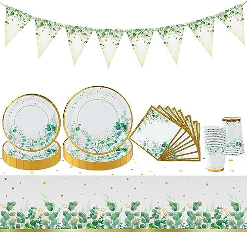 98Pcs Green Party Plates Set, Sage Green Paper Plates And Napkins Cups With Tablecloth & Banner,Baby Shower Tableware, Disposable Plates for Birthday Decorations,Wedding,Safari Party Supplies