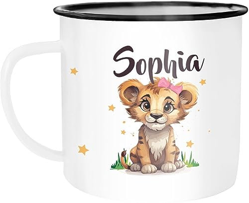 SpecialMe® Kinder-Tasse Emaille Kunststoff Kleiner Baby Löwe Name Namenstasse personalisierte Geschenke Jungen Mädchen emaille-weiss-schwarz standard