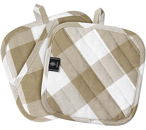 BONTHEE Topflappen Baumwolle Topfuntersetzer 2er Set, Anti-rutsch Topflappen zum Kochen Backen Küchenzubehör - Braun kariert 21 x 21 cm