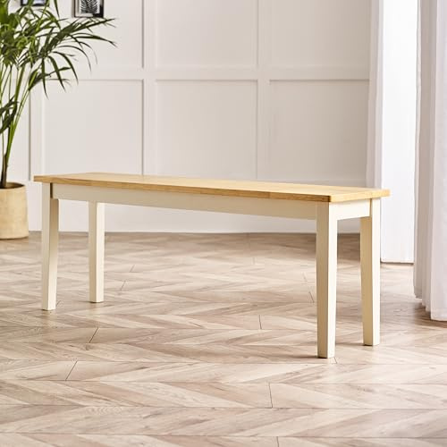 Furniturebox UK Large Wood Dining Bench - Tenby Cream Wood Indoor Bench Stool - Dining Kitchen Bedroom - Pale Oak Stain Seat Cream Legs Take on Traditional Farmhouse Dining Furniture