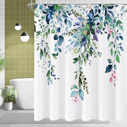 GKLEASG Eucalyptus Shower Curtain, Watercolor Sage Green Leaf Plant Floral Spring Nature Waterproof Machine Washable with Hooks for Bathroom Bathtub 72x72
