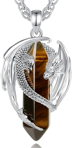 AEONSLOVE Collier Oeil de Tigre Pierre pour Homme Femme Pendentif Dragon en Cristal Pierre de Protection Puissante Bijoux Pierre Naturelle Collier Dragon Cristaux de Guérison Naturels