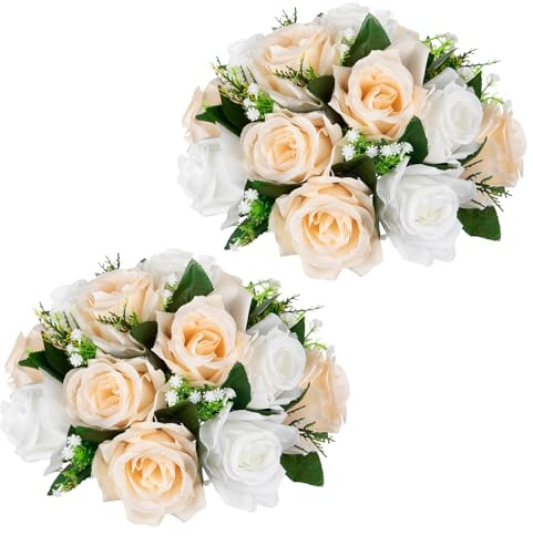Uppsättning av 2 konstgjorda rosor, blomkula med 15 huvudrosor, konstgjorda sidenblommor, bukett, rosbukett, för bröllop, hem, bordsfest, fönsterdekoration, bröllopsmedelstycken, vit champagne