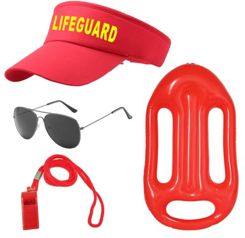 UILYNIU 4 Pièces Costume de Sauveteur Homme Femme, Accessoires Sauveteur Casquette Visière Sifflet Lunettes de Soleil Bouée de Sauvetage, Deguisement de Plage per Adultes Halloween Carnaval (4PCS)