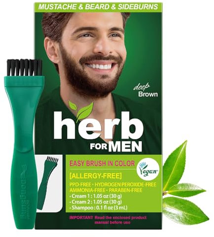 Herb For Men, PPD & Ammonia Free Mustache & Beard Dye, Vegan Natural Ingredients, Odorless, No More Skin Irritations from Coloring for Sensitive Skin – Deep Brown.